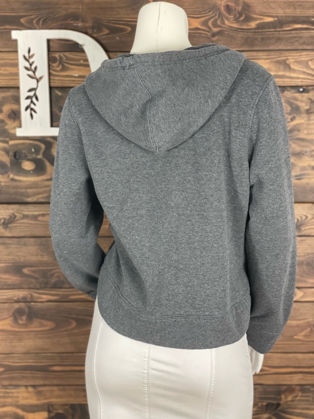 Olivia Sky | Fleece Lined Gray Hooded Drawstring Button-Front Mid Length Jacket - Picture 3 of 5